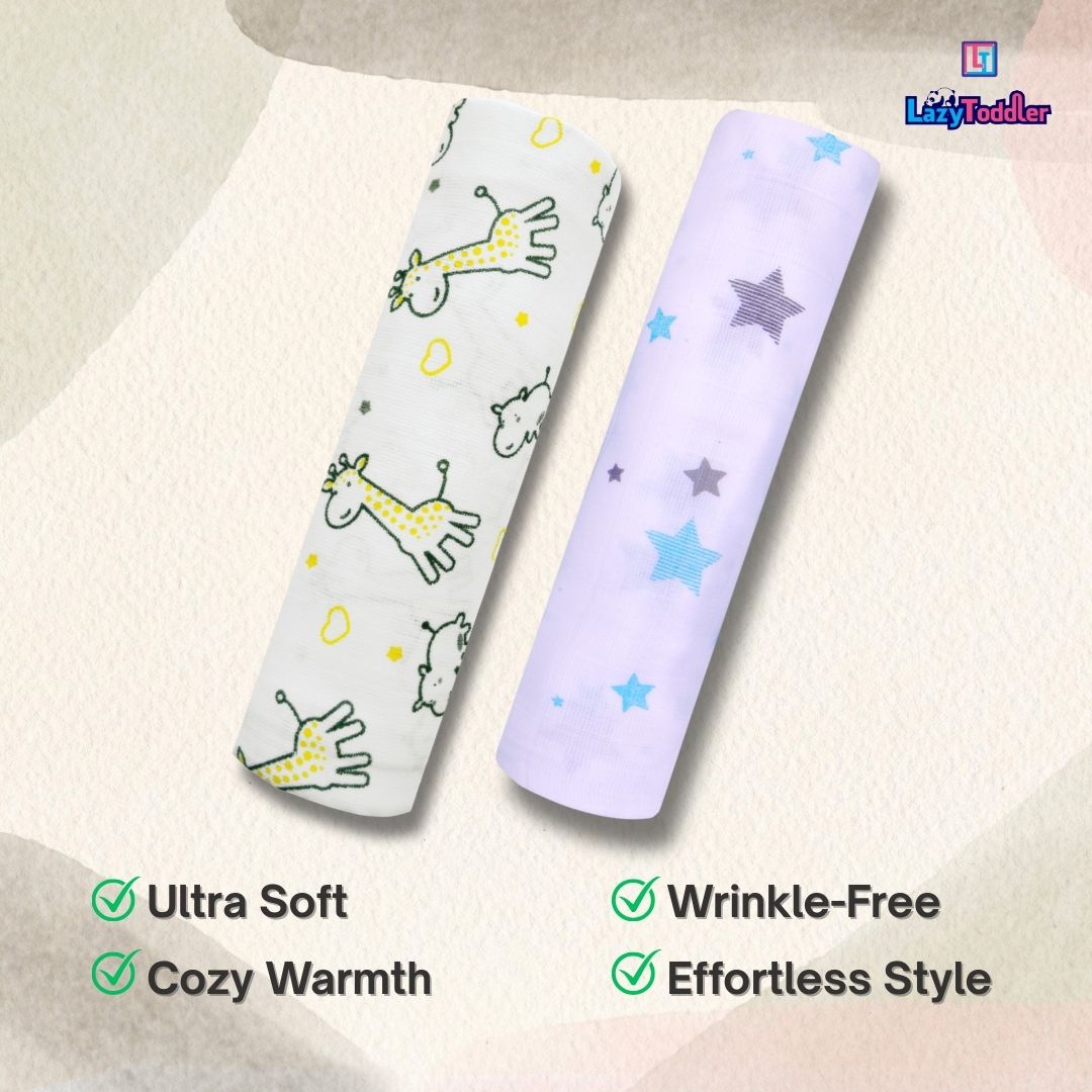 Lazytoddler Muslin Swaddle Printed Design (Yellow Camel , Blue Star)  Set of 2
