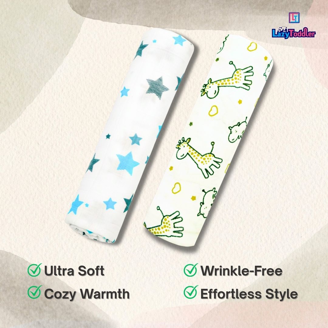 Lazytoddler Muslin Swaddle Printed Design (Yellow Camel , Blue Star)  Set of 2