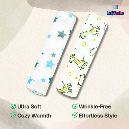 Lazytoddler Muslin Swaddle Printed Design (Yellow Camel , Blue Star)  Set of 2