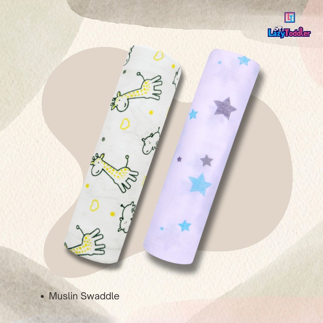 Lazytoddler Muslin Swaddle Printed Design (Yellow Camel , Blue Star)  Set of 2