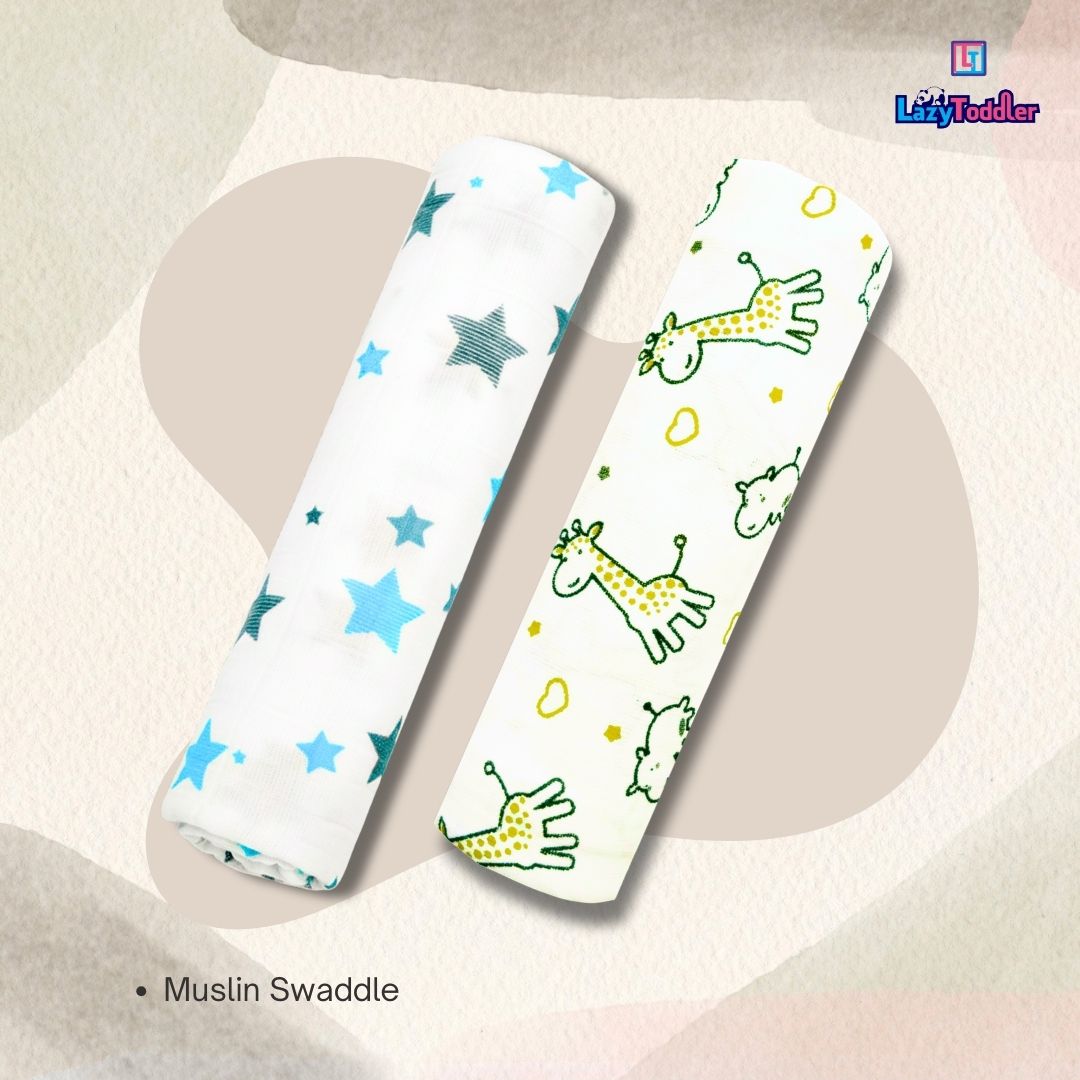 Lazytoddler Muslin Swaddle Printed Design (Yellow Camel , Blue Star)  Set of 2