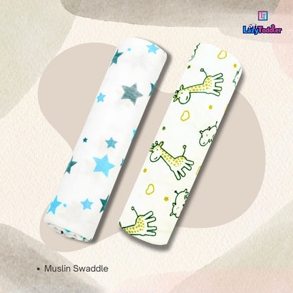 Lazytoddler Muslin Swaddle Printed Design (Yellow Camel , Blue Star)  Set of 2