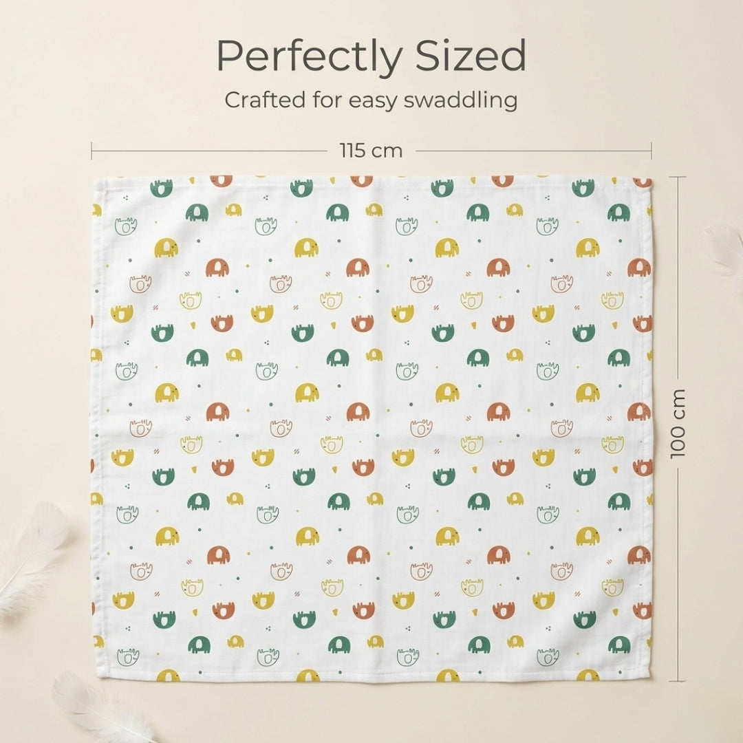 Lazytoddler Muslin Swaddle Printed Design (Elephant & Leaf)  Set of 2