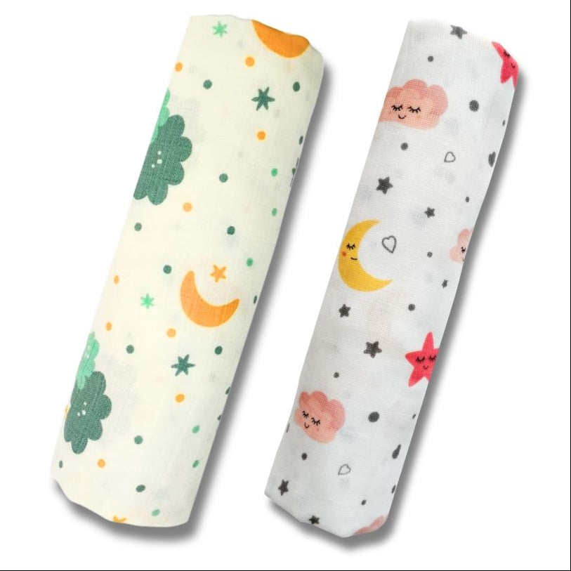 Lazytoddler Muslin Swaddle Printed Design (Cloud , Moon)  Set of 2