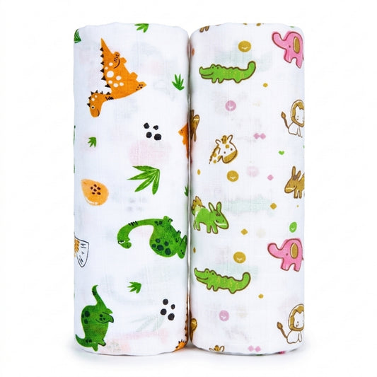 Lazytoddler Muslin Swaddle Printed Design (Animal & Dino)  Set of 2