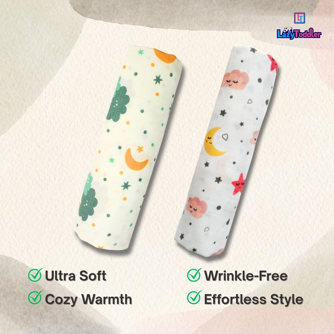 Lazytoddler Muslin Swaddle Printed Design (Cloud , Moon)  Set of 2
