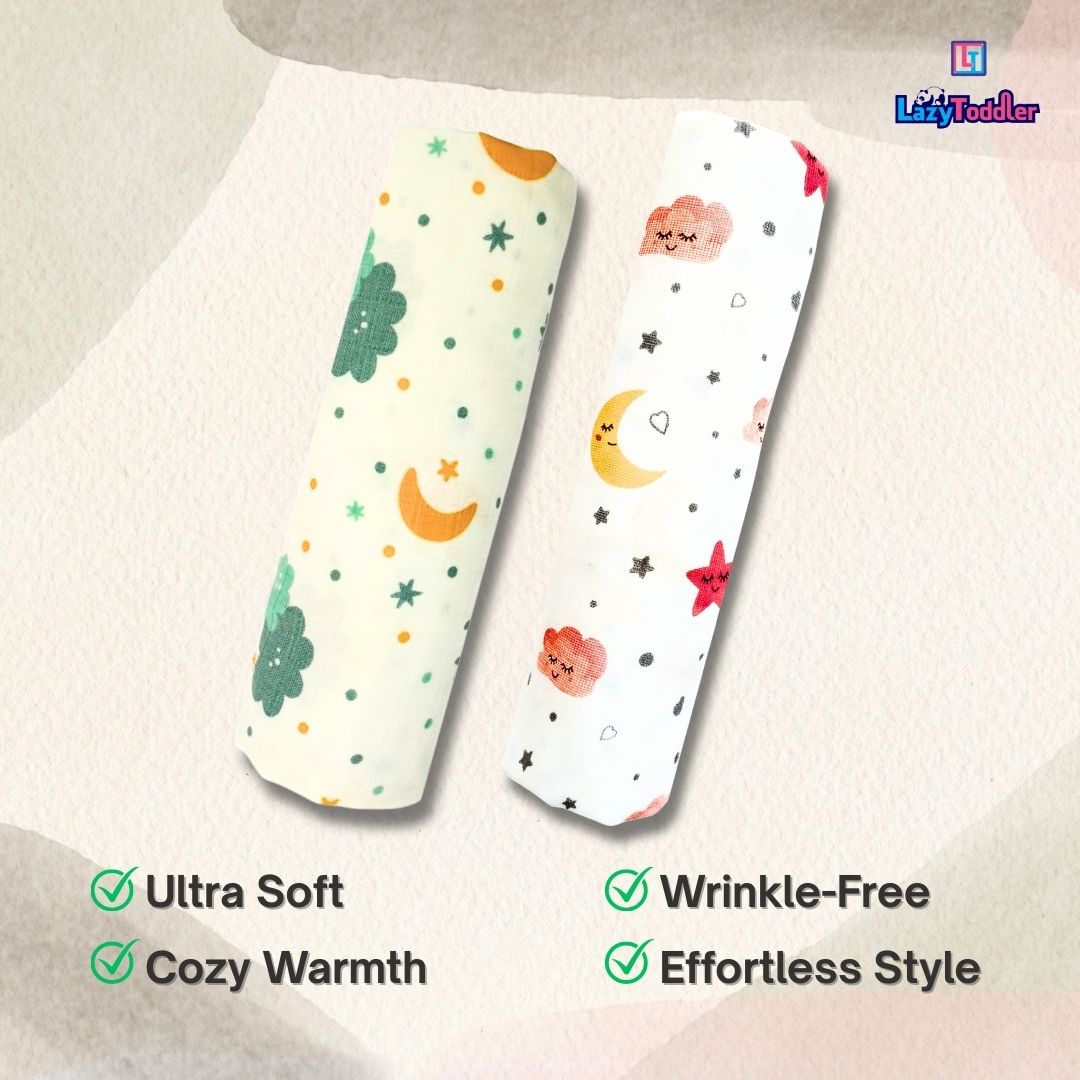 Lazytoddler Muslin Swaddle Printed Design (Cloud , Moon)  Set of 2