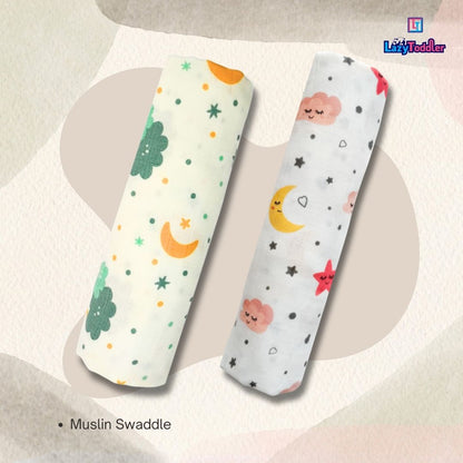 Lazytoddler Muslin Swaddle Printed Design (Cloud , Moon)  Set of 2