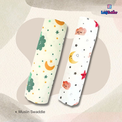 Lazytoddler Muslin Swaddle Printed Design (Cloud , Moon)  Set of 2