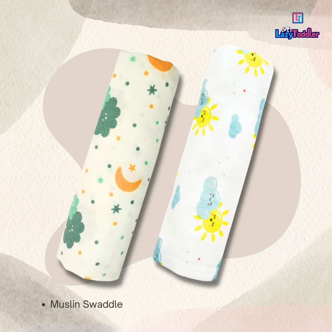 Lazytoddler Muslin Swaddle Printed Design (Sun & Cloud)  Set of 2