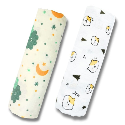 Lazytoddler Muslin Swaddle Printed Design (Teddy & Cloud)  Set of 2