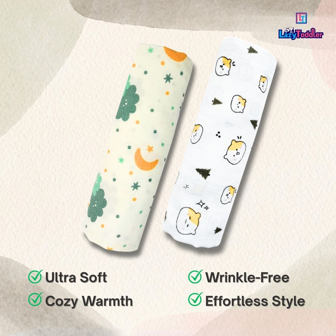 Lazytoddler Muslin Swaddle Printed Design (Teddy & Cloud)  Set of 2