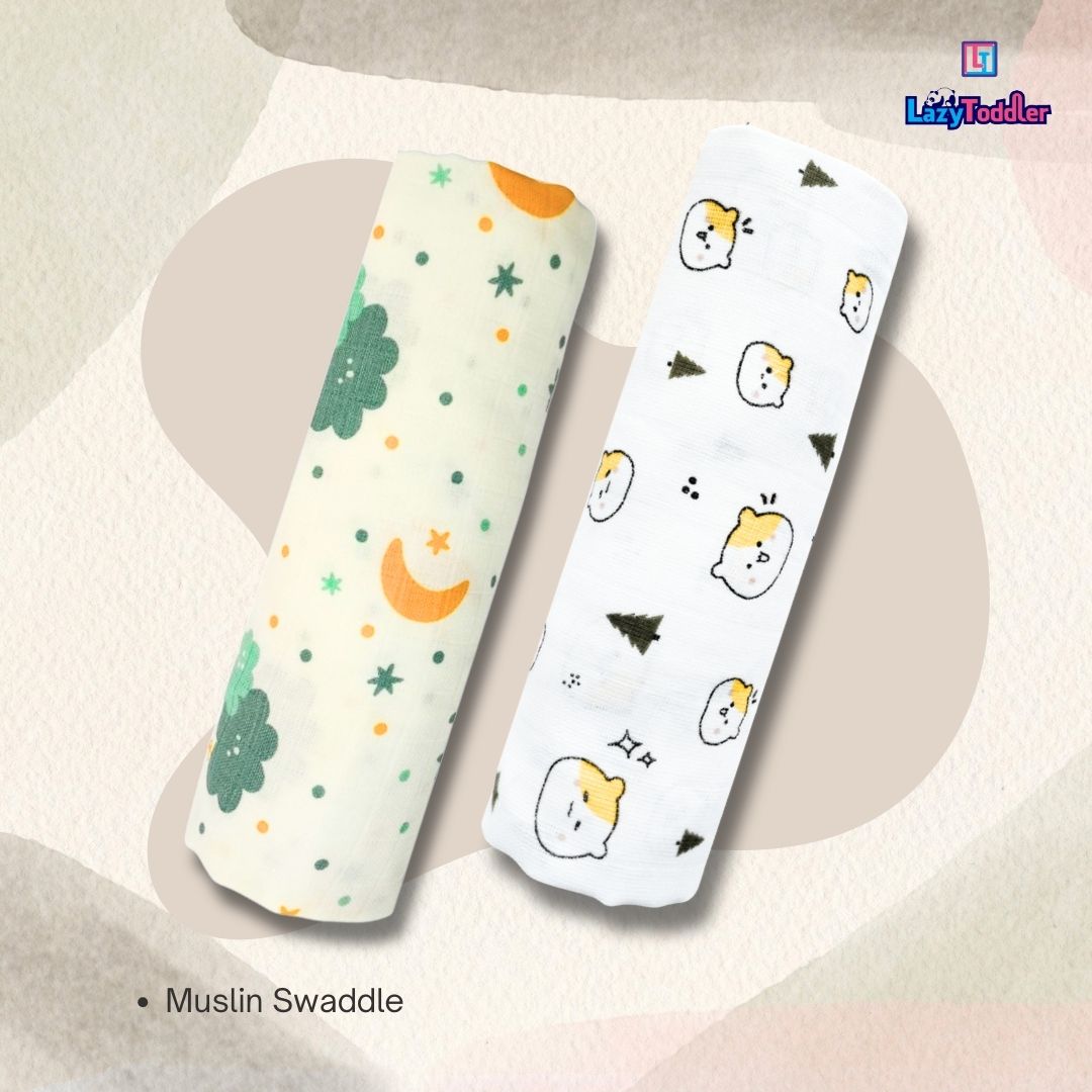 Lazytoddler Muslin Swaddle Printed Design (Teddy & Cloud)  Set of 2