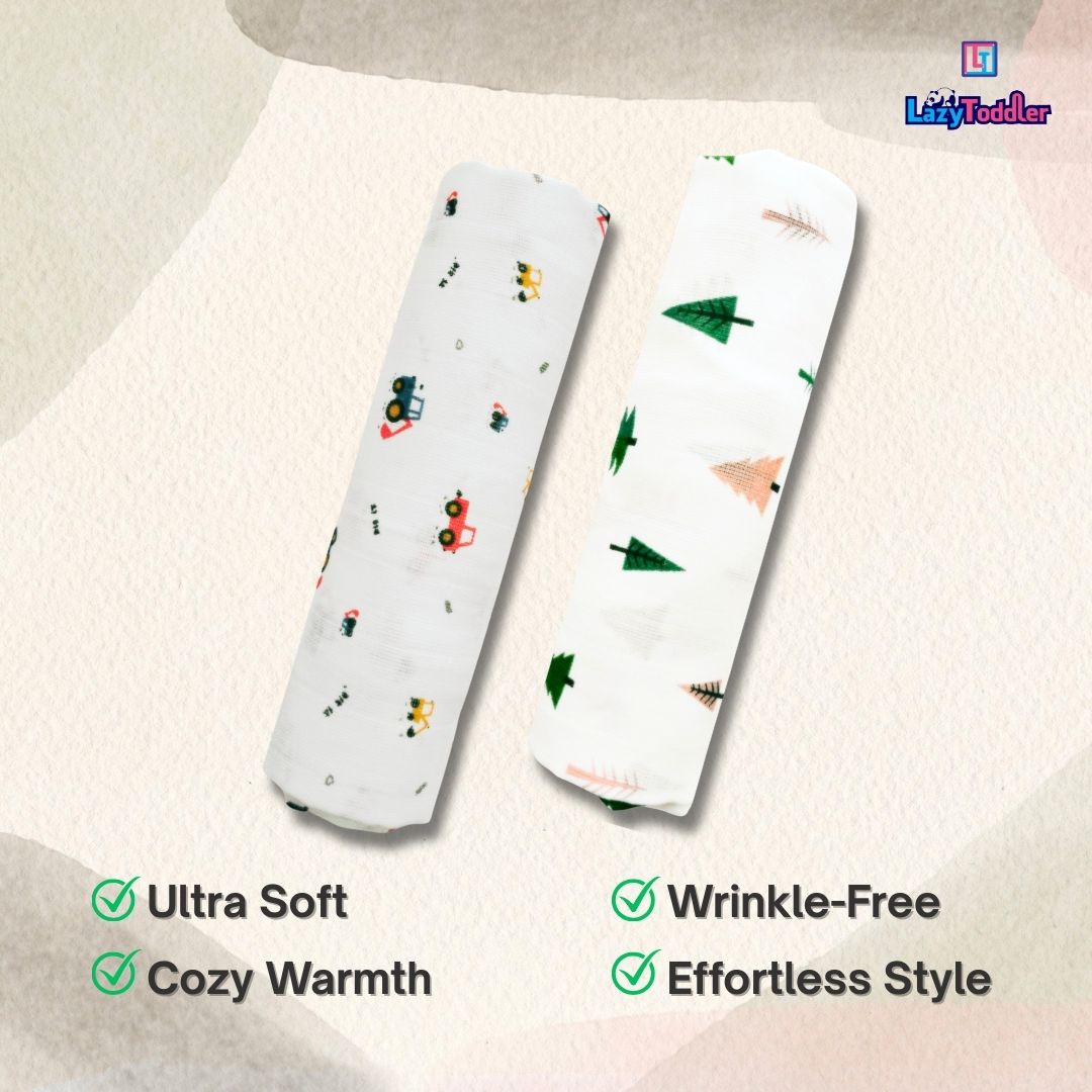 Lazytoddler Muslin Swaddle Printed Design (Crane & Tree)  Set of 2