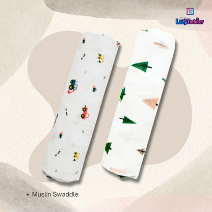 Lazytoddler Muslin Swaddle Printed Design (Crane & Tree)  Set of 2