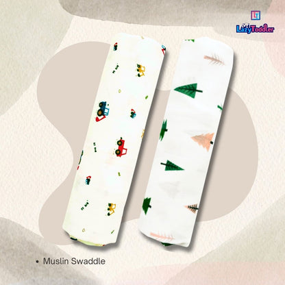 Lazytoddler Muslin Swaddle Printed Design (Crane & Tree)  Set of 2