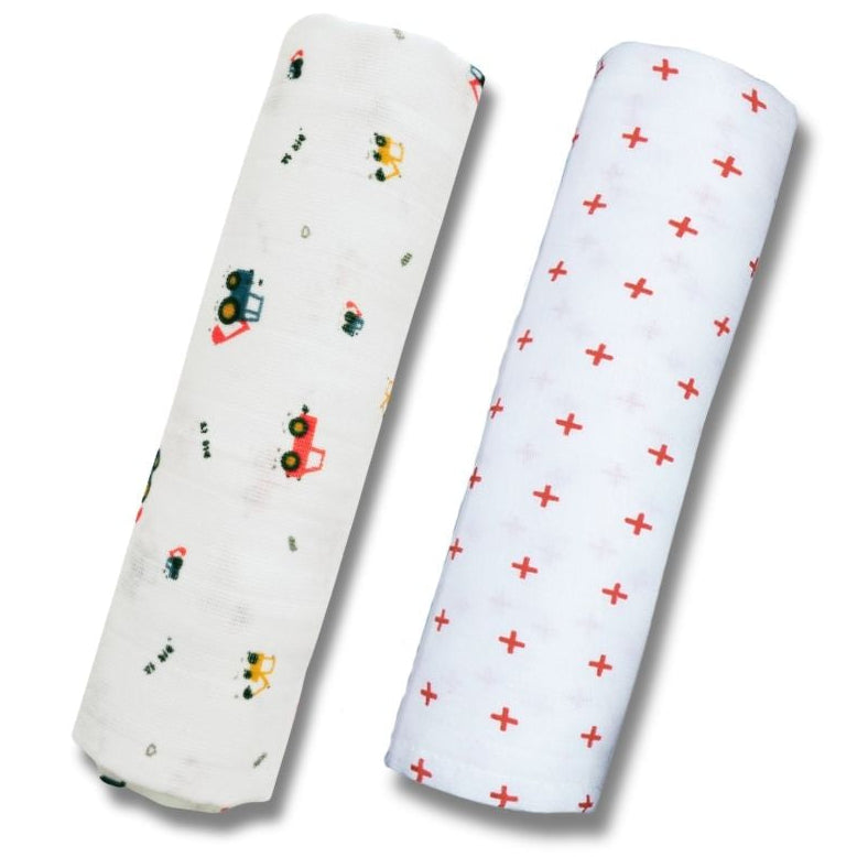 Lazytoddler Muslin Swaddle Printed Design (Crane & Red Plus)  Set of 2