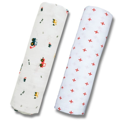 Lazytoddler Muslin Swaddle Printed Design (Crane & Red Plus)  Set of 2