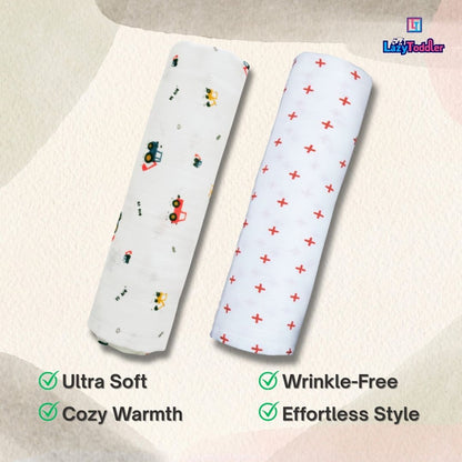 Lazytoddler Muslin Swaddle Printed Design (Crane & Red Plus)  Set of 2