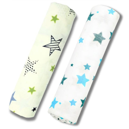 Lazytoddler Muslin Swaddle Printed Design (Blue Star & New Star)  Set of 2