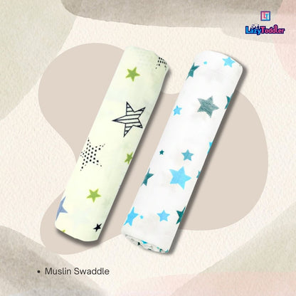 Lazytoddler Muslin Swaddle Printed Design (Blue Star & New Star)  Set of 2