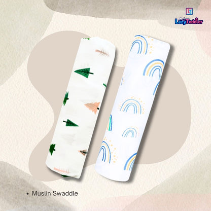 Lazytoddler Muslin Swaddle Printed Design (Rainbow & Tree) Set of 2