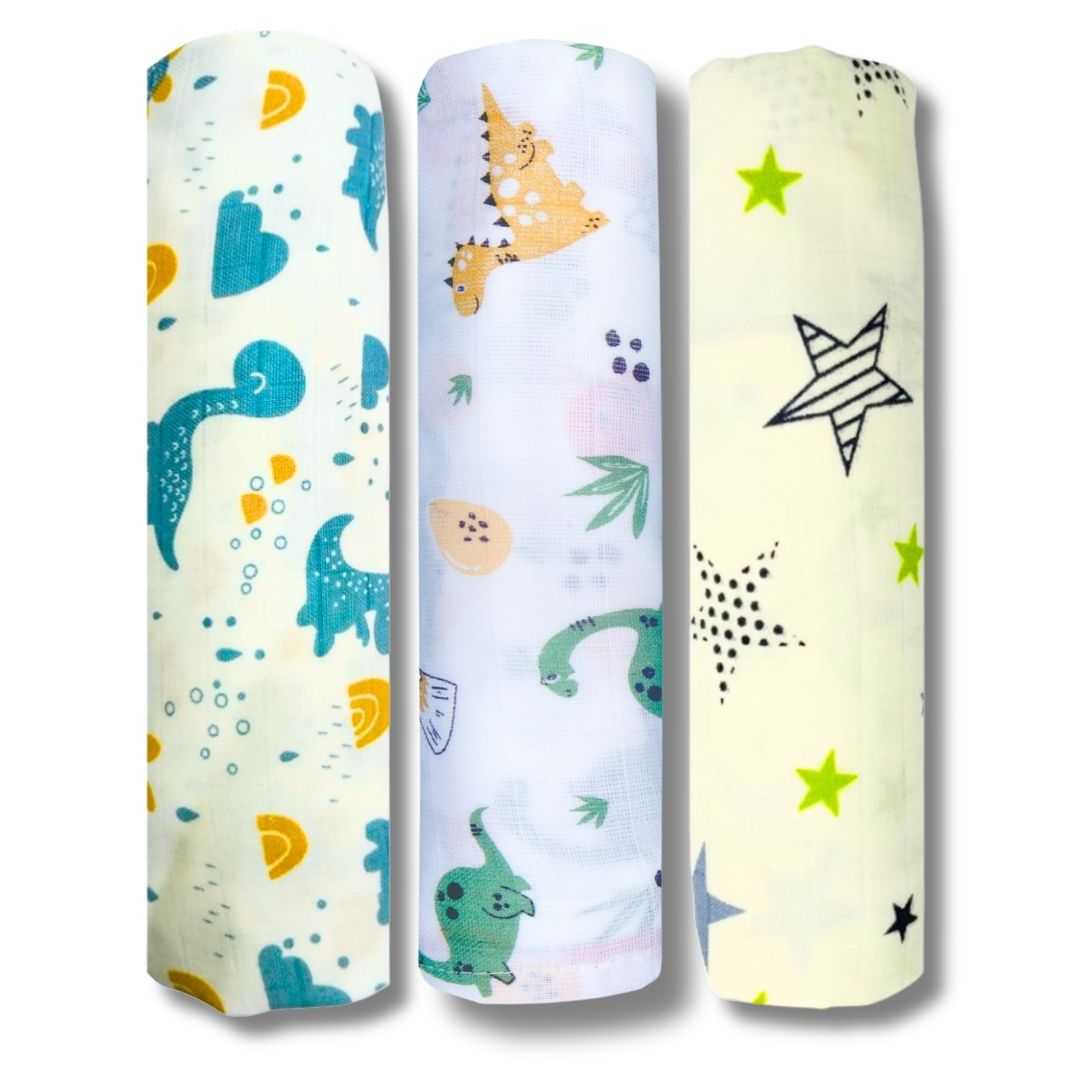 LazyToddler Muslin Swaddle Set of 3 – Dino , Blue Dino & New Star – Newborn Baby Blanket