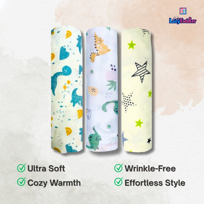 LazyToddler Muslin Swaddle Set of 3 – Dino , Blue Dino & New Star – Newborn Baby Blanket