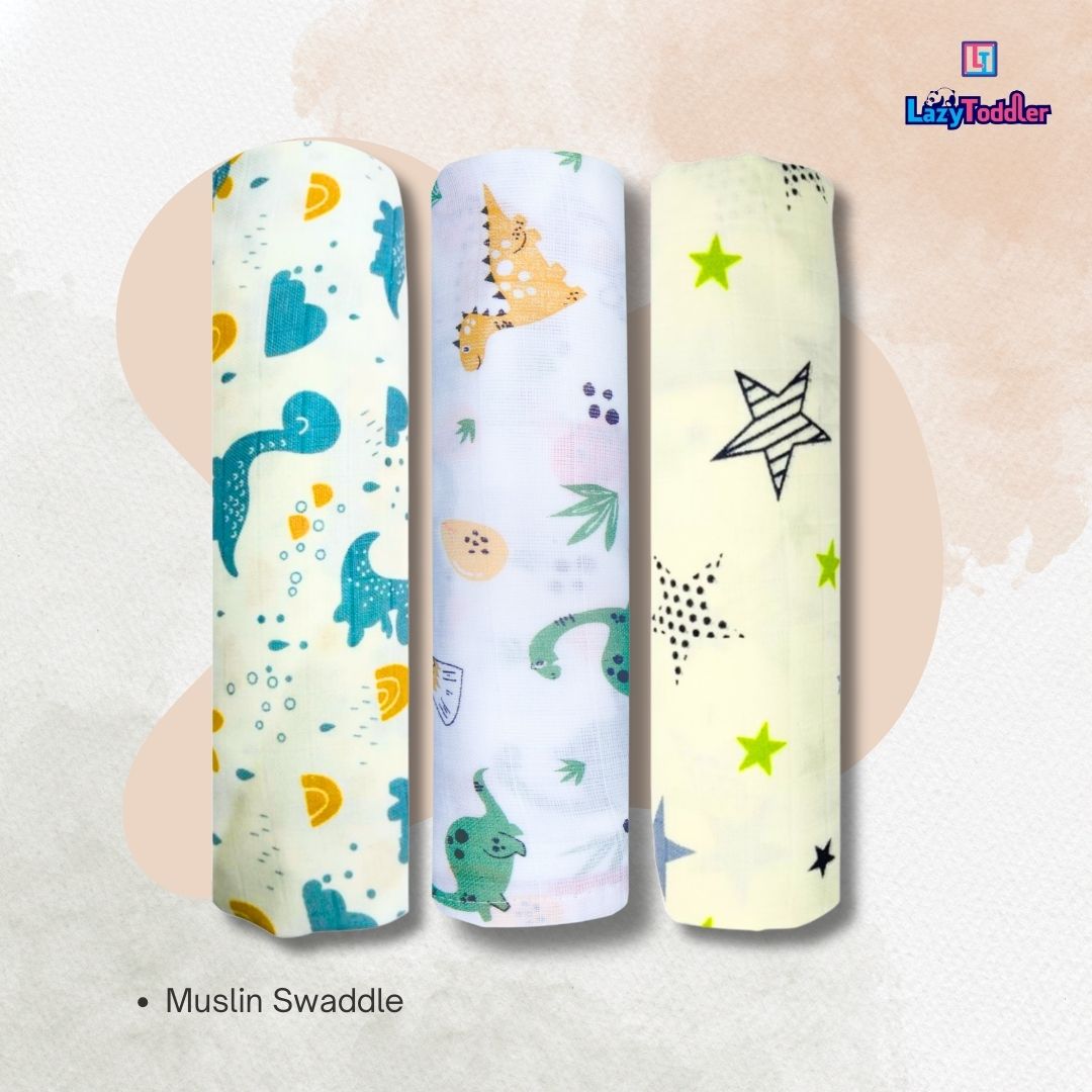 LazyToddler Muslin Swaddle Set of 3 – Dino , Blue Dino & New Star – Newborn Baby Blanket