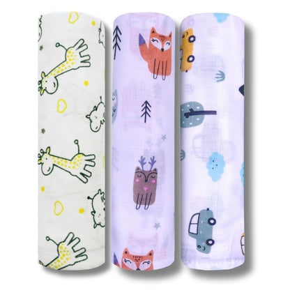 LazyToddler Muslin Swaddle Set of 3 – Yellow Camel , Fox , Car – Newborn Baby Blanket