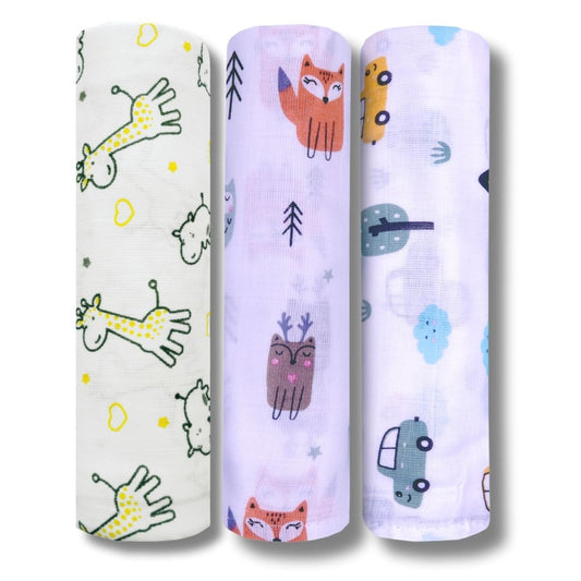 LazyToddler Muslin Swaddle Set of 3 – Yellow Camel , Fox , Car – Newborn Baby Blanket