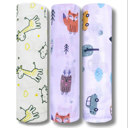 Lazytoddler Muslin Swaddle Printed Design (Yellow Camel , Fox , Car ) Set of 3
