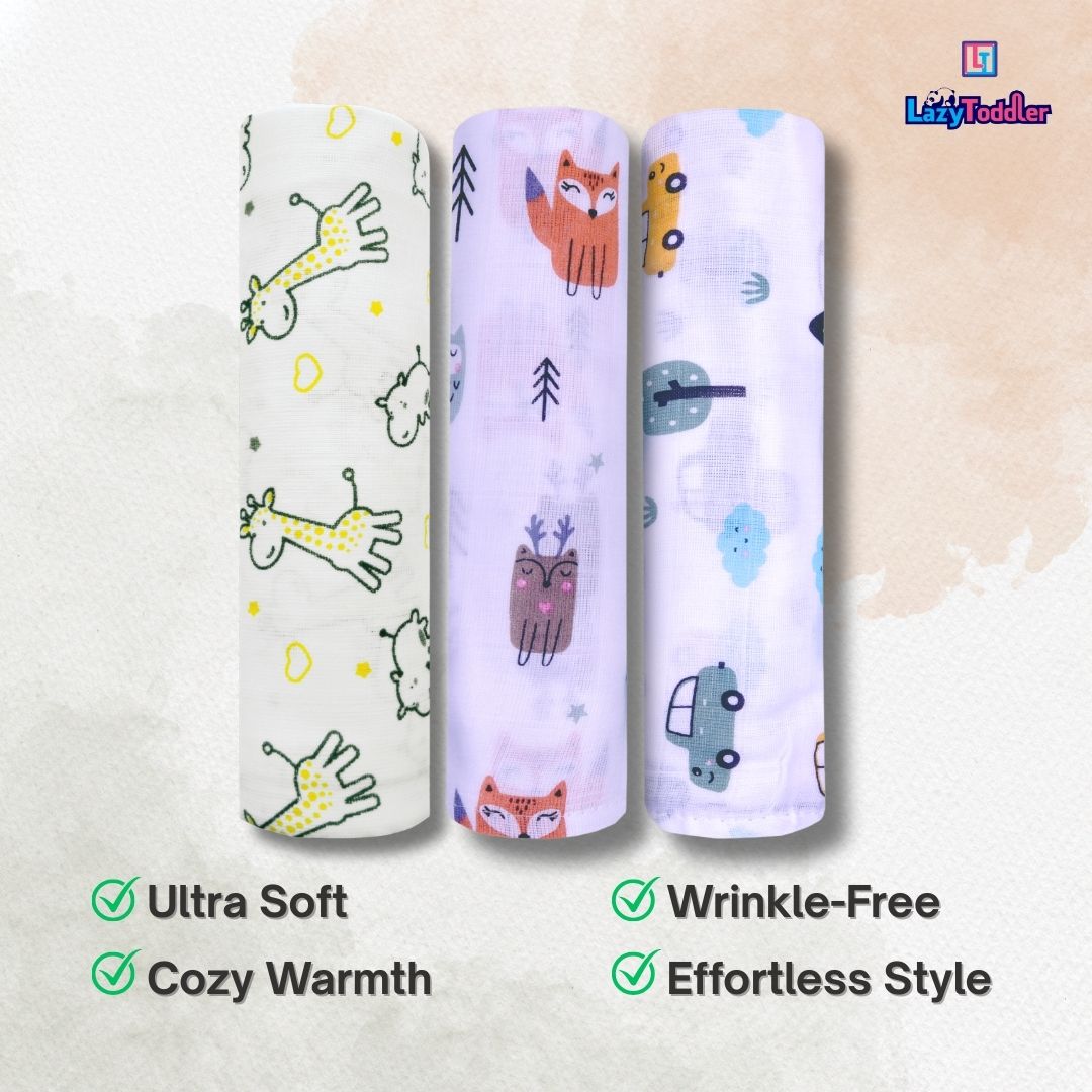 Lazytoddler Muslin Swaddle Printed Design (Yellow Camel , Fox , Car ) Set of 3