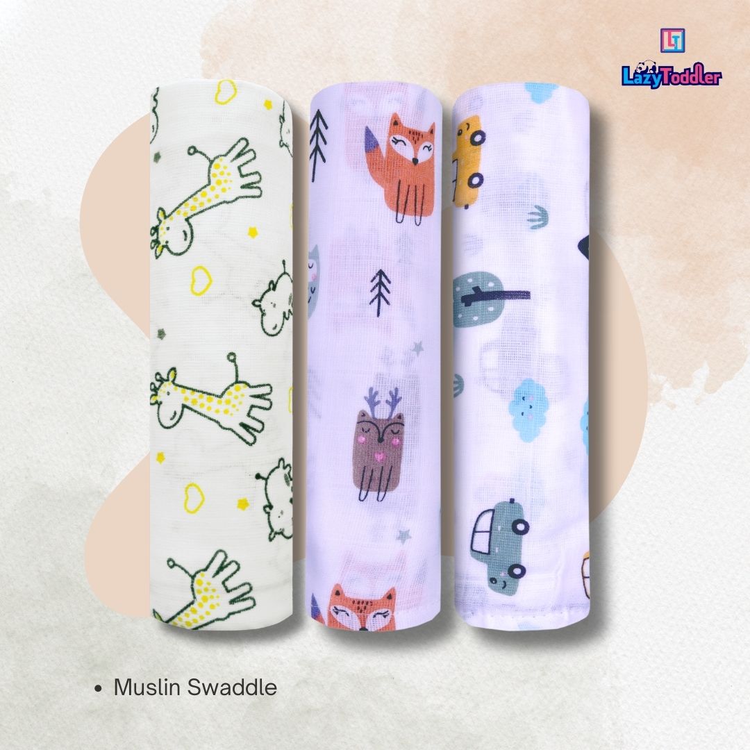LazyToddler Muslin Swaddle Set of 3 – Yellow Camel , Fox , Car – Newborn Baby Blanket