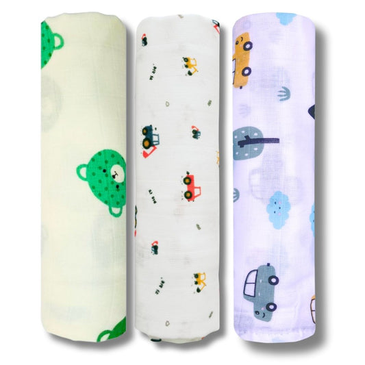 LazyToddler Muslin Swaddle Set of 3 –Bear , Crane & Car– Newborn Baby Blanket