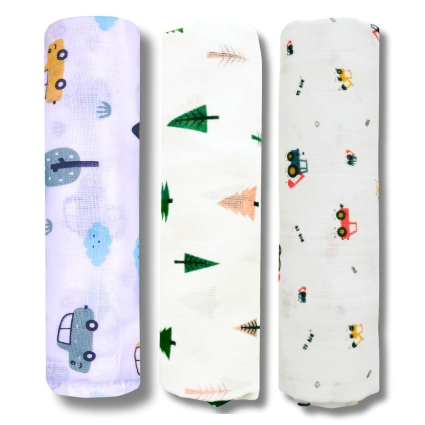 Lazytoddler Muslin Swaddle Printed Design (Yellow Camel , Fox , Car ) Set of 3
