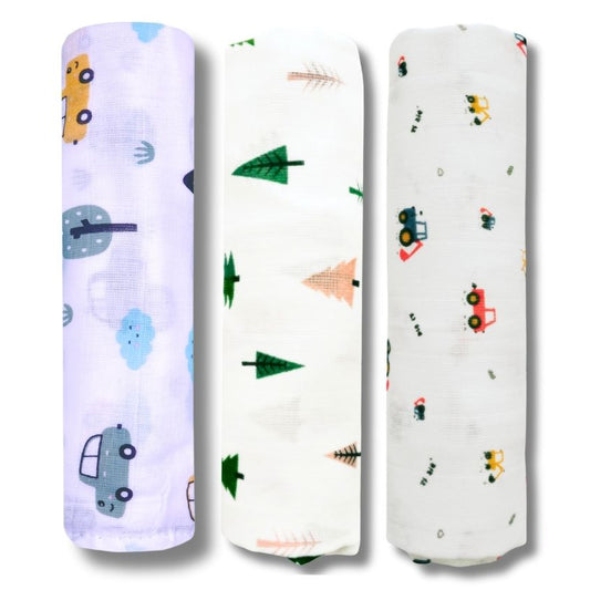 Lazytoddler Muslin Swaddle Printed Design (Yellow Camel , Fox , Car ) Set of 3