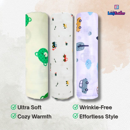 LazyToddler Muslin Swaddle Set of 3 –Bear , Crane & Car– Newborn Baby Blanket
