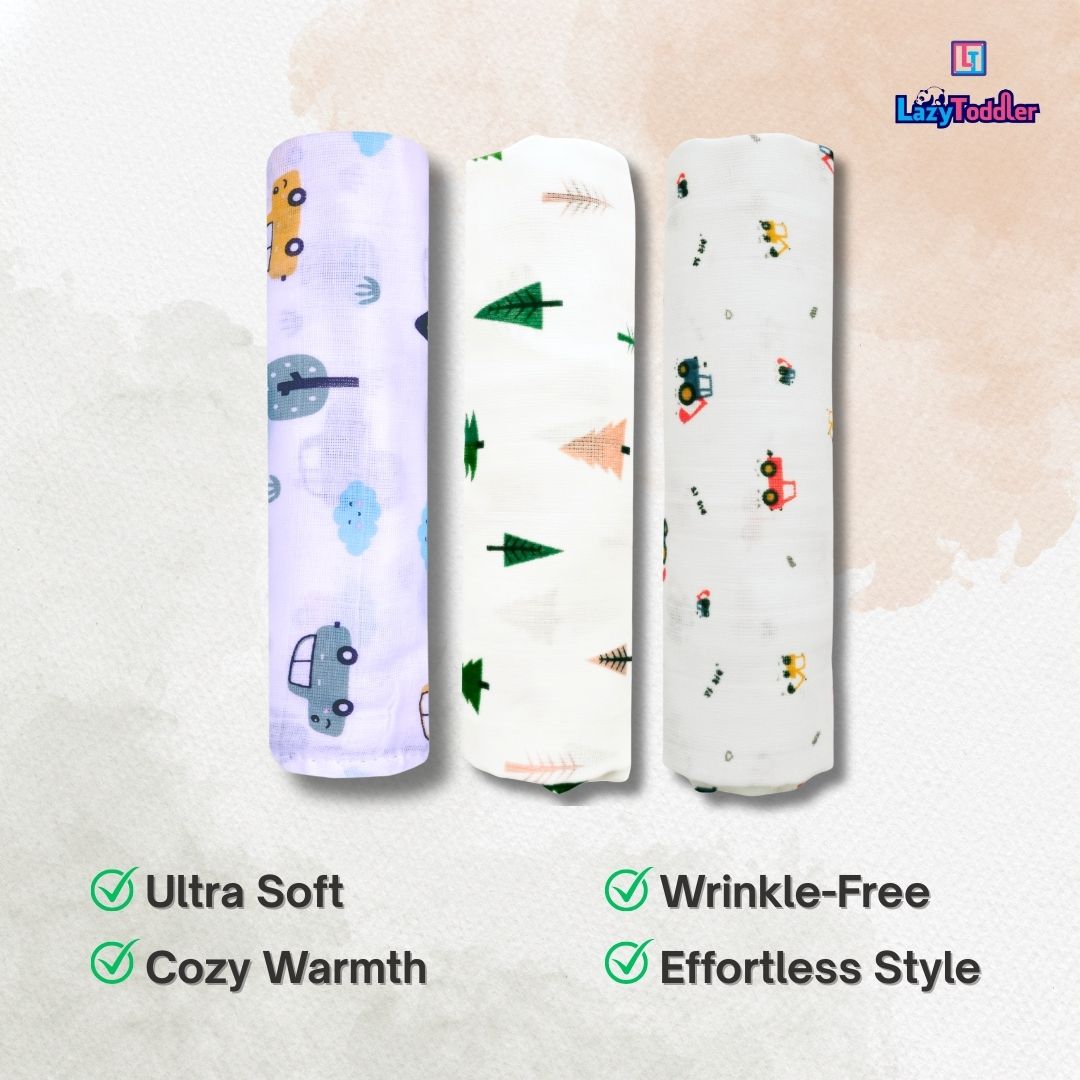 Lazytoddler Muslin Swaddle Printed Design (Yellow Camel , Fox , Car ) Set of 3