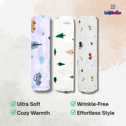 Lazytoddler Muslin Swaddle Printed Design (Yellow Camel , Fox , Car ) Set of 3