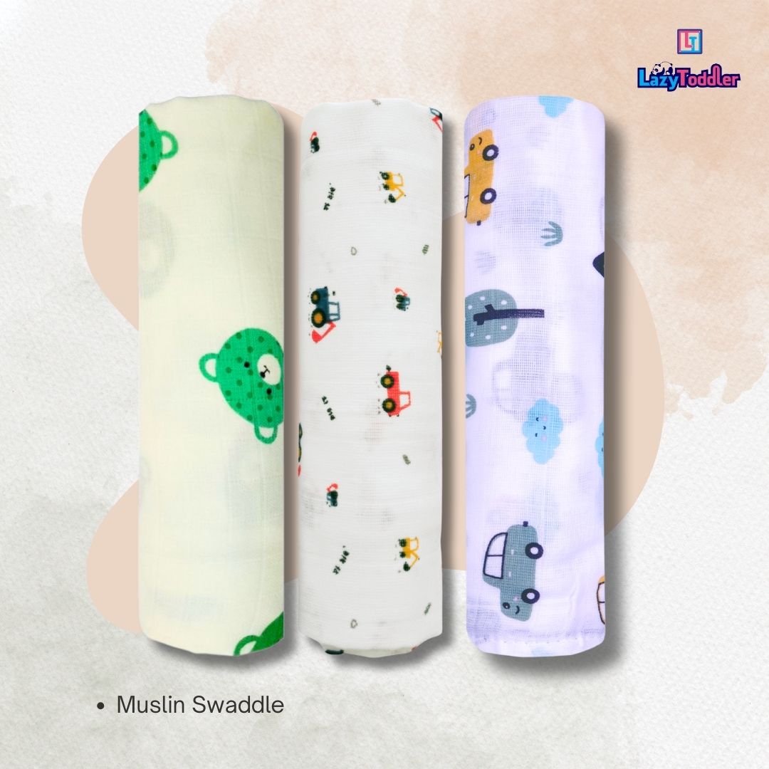 LazyToddler Muslin Swaddle Set of 3 –Bear , Crane & Car– Newborn Baby Blanket