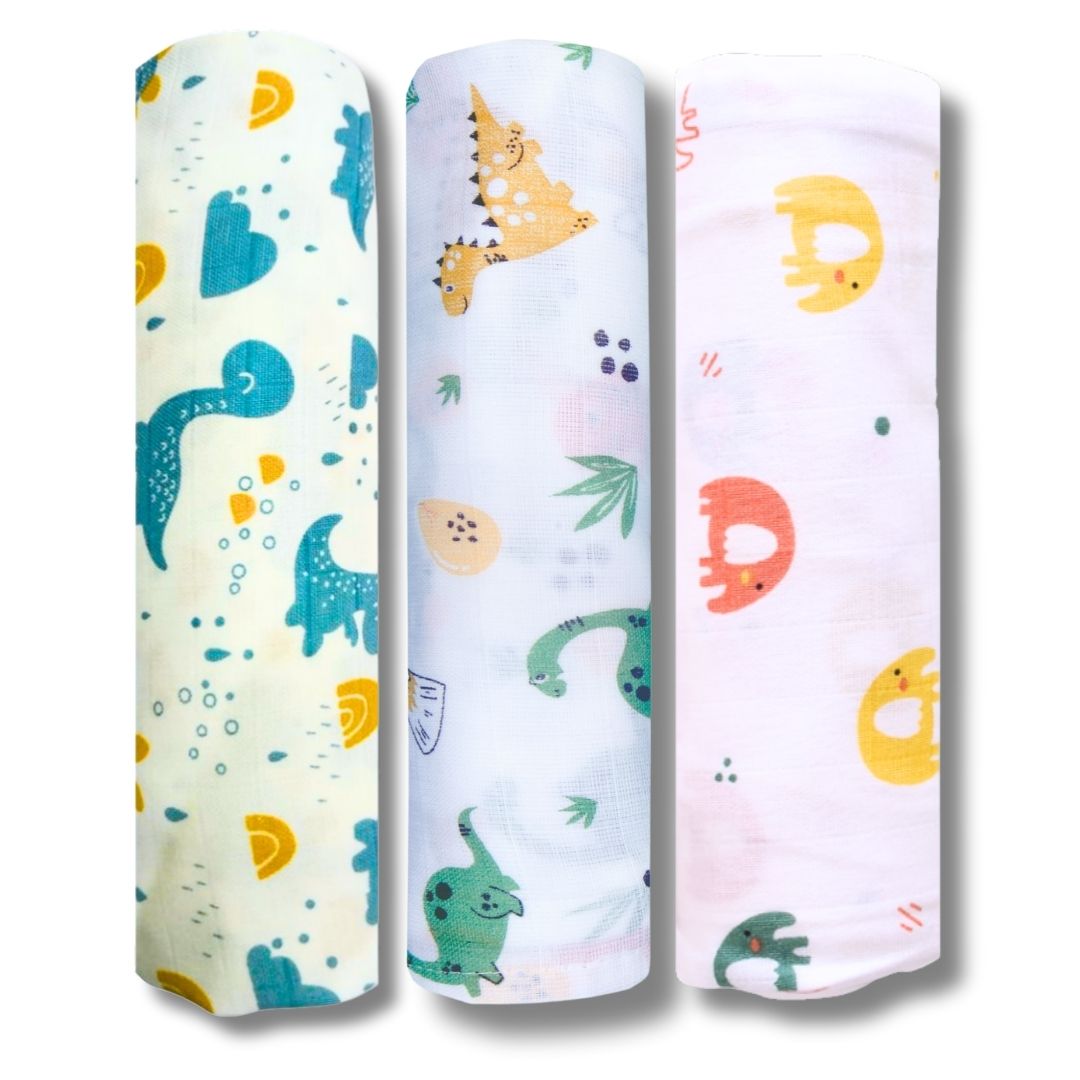 LazyToddler Muslin Swaddle Set of 3 – Blue Dino , Elephant , Dino – Newborn Baby Blanket