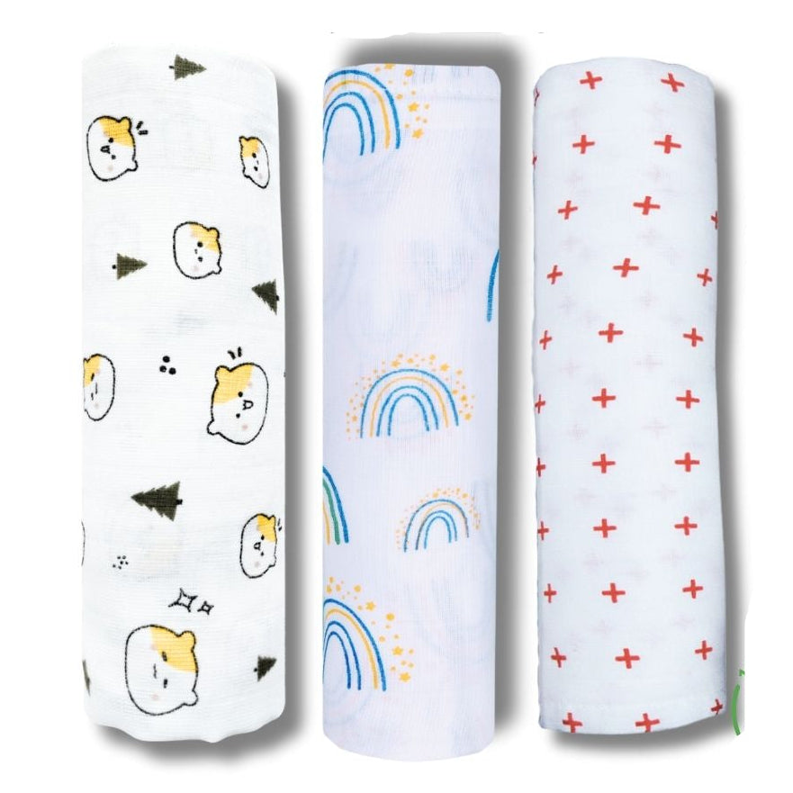 Lazytoddler Muslin Swaddle Printed Design (Teddy , Rainbow , Red Plus ) Set of 3