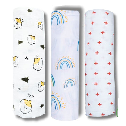 Lazytoddler Muslin Swaddle Printed Design (Teddy , Rainbow , Red Plus ) Set of 3