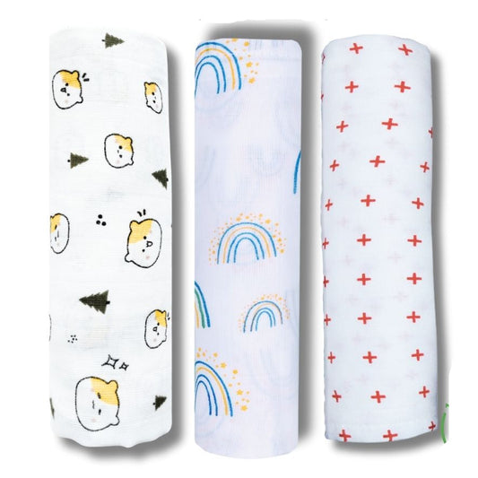 Lazytoddler Muslin Swaddle Printed Design (Teddy , Rainbow , Red Plus ) Set of 3