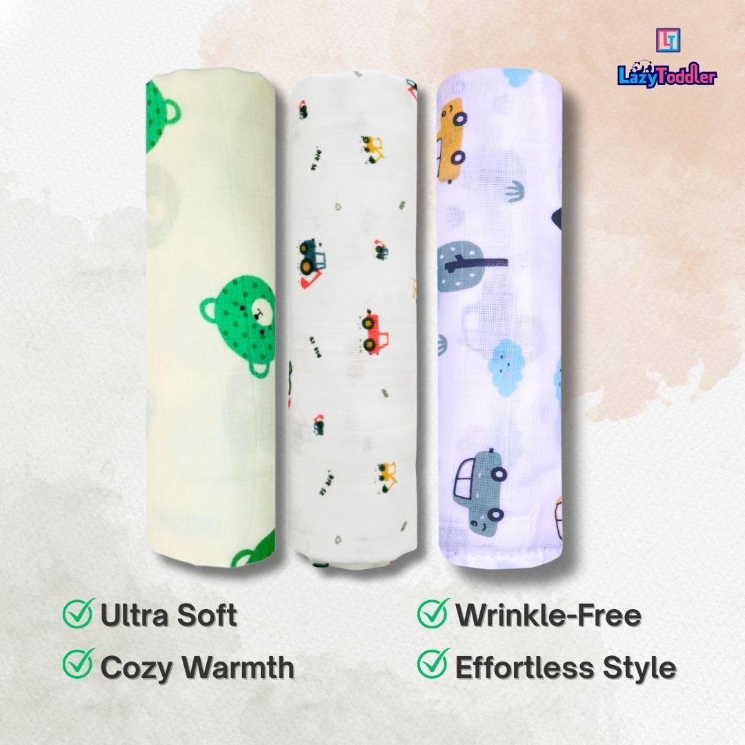 LazyToddler Muslin Swaddle Set of 3 – Blue Dino , Elephant , Dino – Newborn Baby Blanket