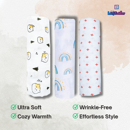 Lazytoddler Muslin Swaddle Printed Design (Teddy , Rainbow , Red Plus ) Set of 3