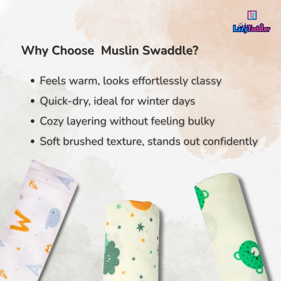 LazyToddler Muslin Swaddle Set of 3 – Blue Dino , Elephant , Dino – Newborn Baby Blanket