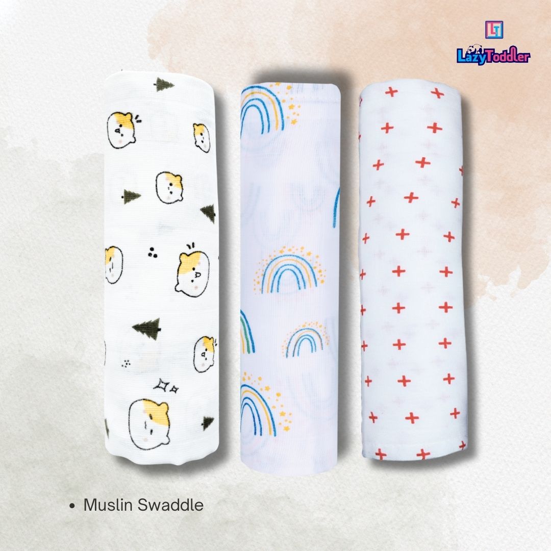 Lazytoddler Muslin Swaddle Printed Design (Teddy , Rainbow , Red Plus ) Set of 3