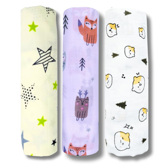 LazyToddler Muslin Swaddle Set of 3 –New Star , Fox & Teddy – Newborn Baby Blanket